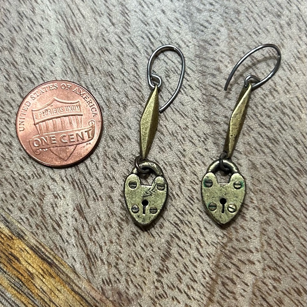 Brass Tone Fossil Dangling Lock Earrings
